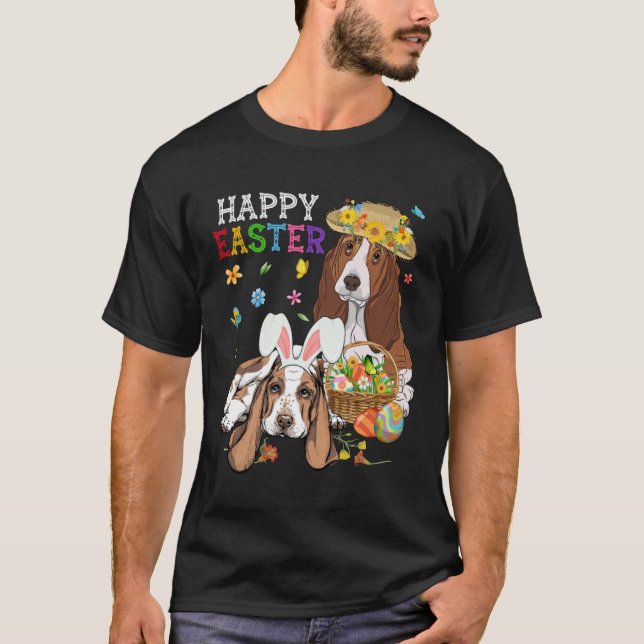 Cute Basset Hound Dogs Easter Egg Basket Happy Eas T Shirt (Framsida)
