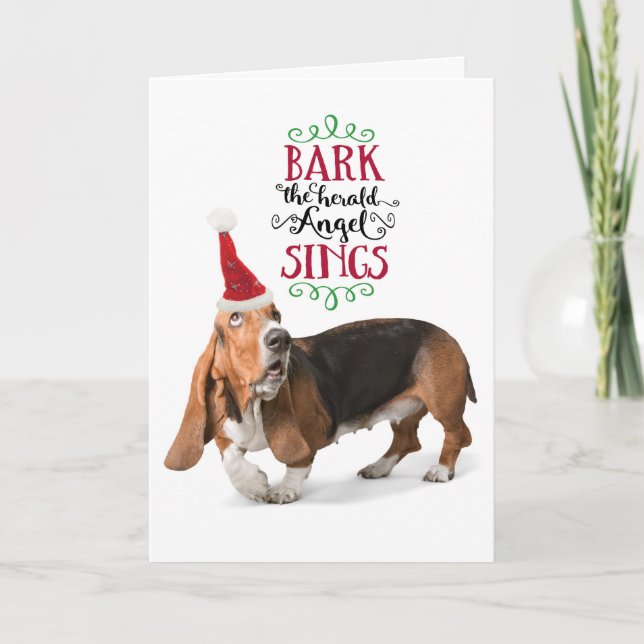 Cute Basset Hound med Santa Hat Helgdag Helgkort (Framsida)