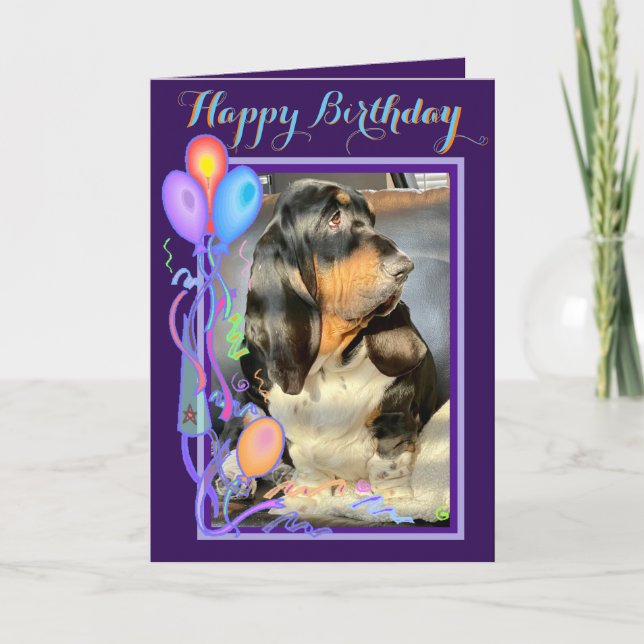 Cute Basset Hound on Funny Birthday Card W/Balloon Kort (Framsida)