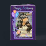 Cute Basset Hound on Funny Birthday Card W/Balloon Kort<br><div class="desc">Cute Basset hound på det fina födelsedagskortet W/Balloy & Cake in Lila</div>