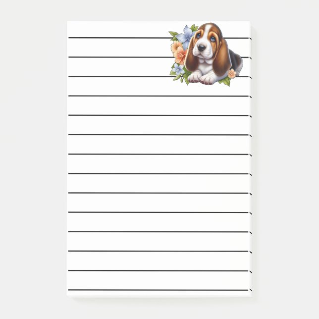 Cute Basset Hound Puppy Sitta med Flowers Post-it Block (Framsida)