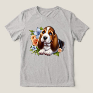 Cute Basset Hound Puppy Sitta med Flowers T Shirt