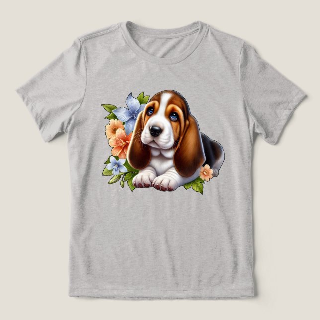 Cute Basset Hound Puppy Sitta med Flowers T Shirt (Design Framsida)