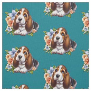 Cute Basset Hound Puppy Sitta med Flowers Tyg
