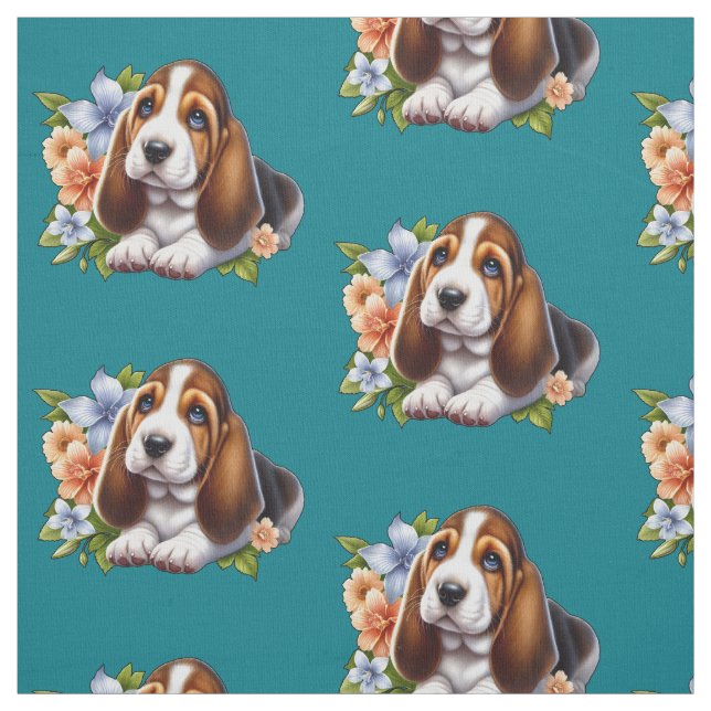 Cute Basset Hound Puppy Sitta med Flowers Tyg (Provkarta)
