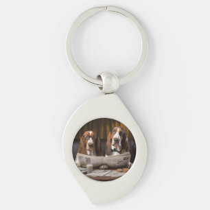 Cute basset hounds läser nyheterna swirl silverfärgad nyckelring