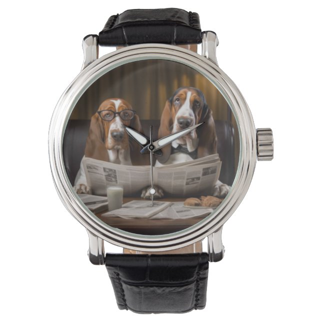 Cute basset hounds läser tidningar armbandsur (Framsida)