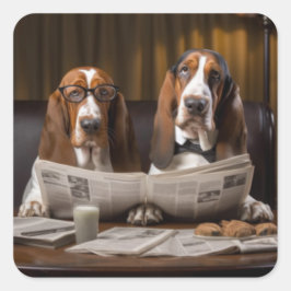 Cute basset hounds läser tidningar fyrkantigt klistermärke