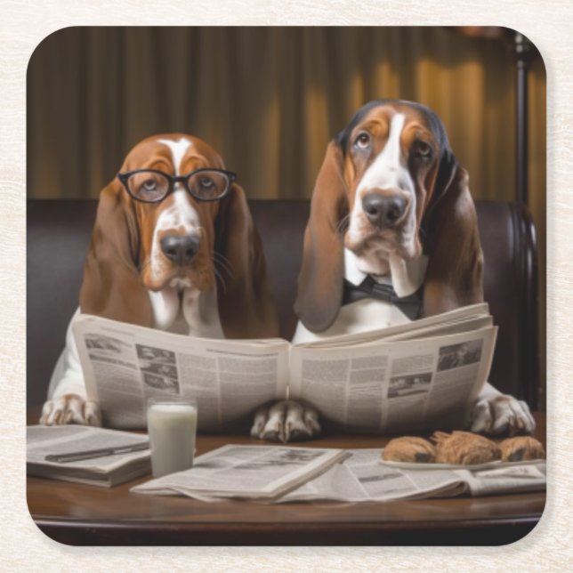 Cute basset hounds läser tidningar underlägg papper kvadrat (Framsidan)