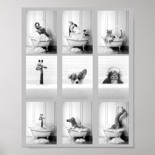 Cute Bathroom Animals i badkar Poster