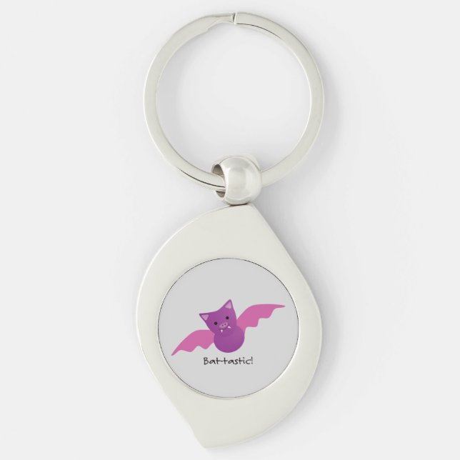 Cute Battastic Rosa Fladdermus Swirl Silverfärgad Nyckelring (Framsidan)