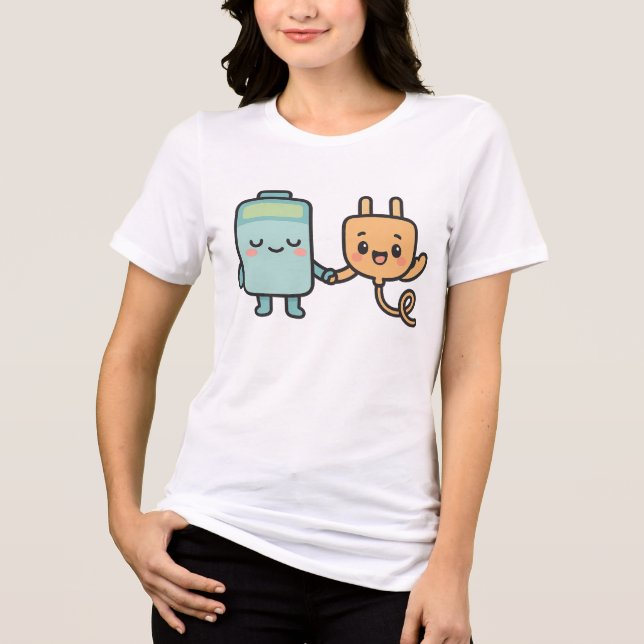 Cute Battery and Plug Characters T Shirt (Framsida)