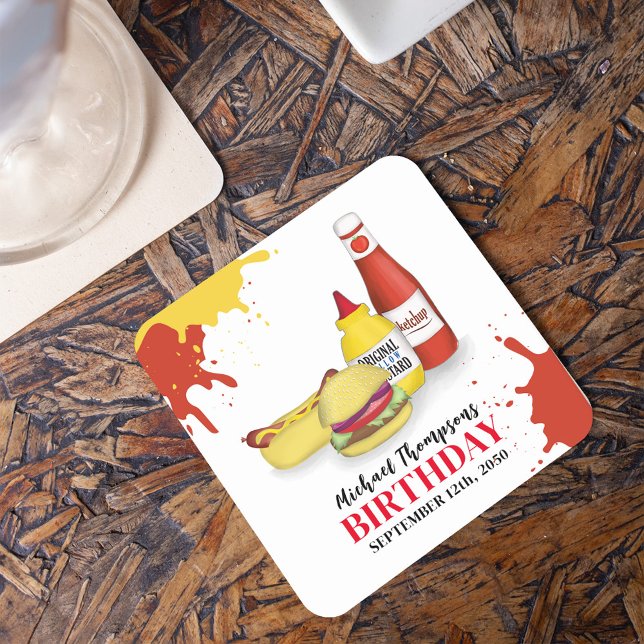 Cute BBQ-Födelsedagsfestens Anpassningsbar Underlägg Papper Kvadrat (Barbeque birthday party custom coaster.)
