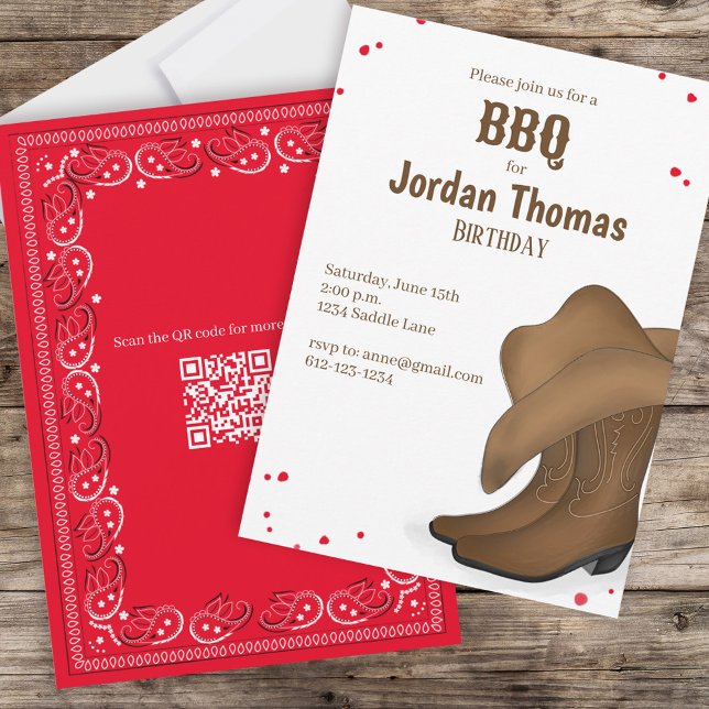 Cute BBQ Red Bandana Cowboy Party QR-kod Inbjudningar (Skapare uppladdad)