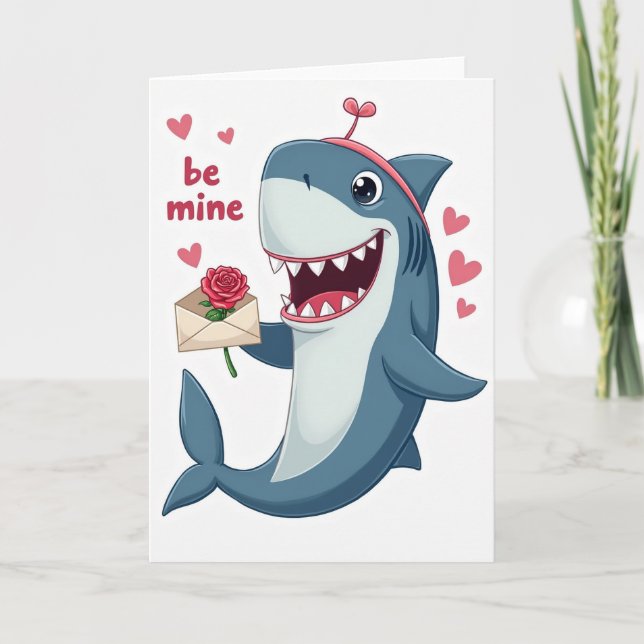Cute Be Mine Shark Valentine Card Kort (Framsida)