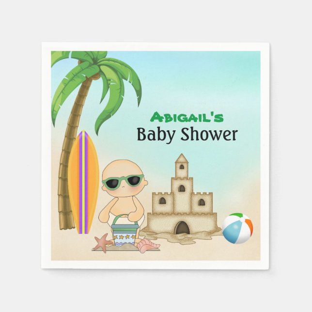 Cute Beach Baby Sandcastle n Surfboard Baby Shower Pappersservett (Framsidan)