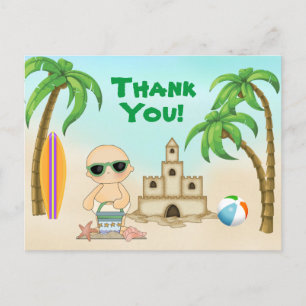 Cute Beach Baby Sandcastle och Surfboard Tack Vykort