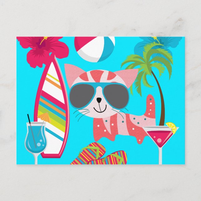 Cute Beach Bum Kattunge Sunglass Beach Boll Vykort (Framsida)