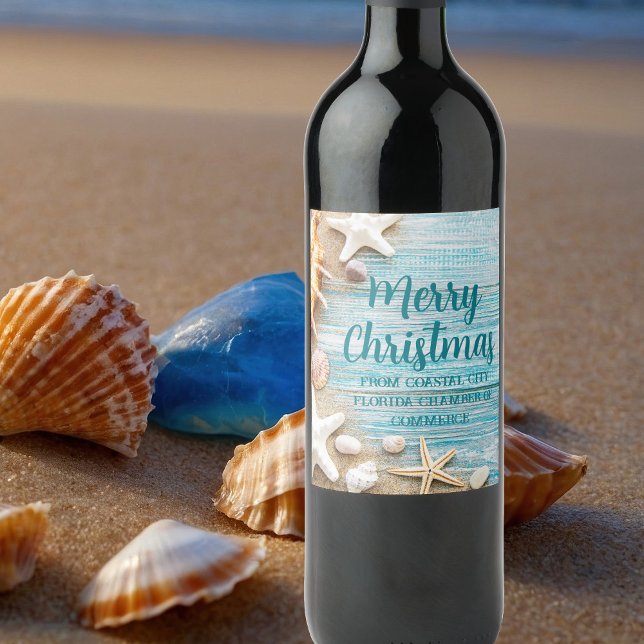 Cute Beach Company Christmas Seashell Customized Vinflaska Etikett (Skapare uppladdad)