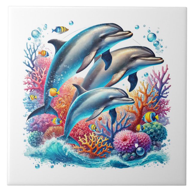 Cute beach dolphin lovers ceramic tile kakelplatta (Framsidan)