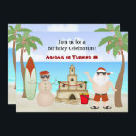 Cute Beach-julinbjudan på Helgdag på födelsedagen Inbjudningar<br><div class="desc">Personlig Cute Santa Beach-Helgdag med dekorerat handflatan träd,  sandslott och helgdag prydnadsämnen,  sandslott och sandslott,  sandslott och snögubbe. Vissa bilder efter teckning&@delightful-doodles.com.</div>