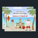 Cute Beach-julinbjudan på Helgdag på födelsedagen Inbjudningar<br><div class="desc">Personlig Cute Santa Beach-Helgdag med dekorerat handflatan träd,  sandslott och helgdag prydnadsämnen,  sandslott och sandslott,  sandslott och snögubbe. Vissa bilder efter teckning&@delightful-doodles.com.</div>