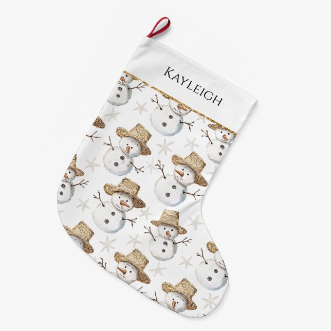 Cute Beach Snögubbe jul Guld Glitter Stor Julstrumpa (Framsidan (Hängande))