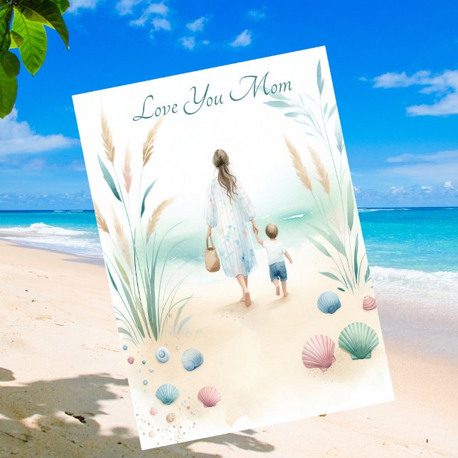 Cute Beach Walk med Mamma Mors dag vattenfärg Julkort (Skapare uppladdad)