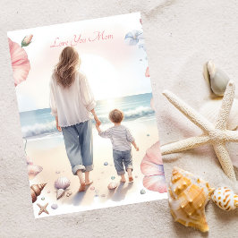 Cute Beach Walk med Mamma Watercolor Mors dag Julkort