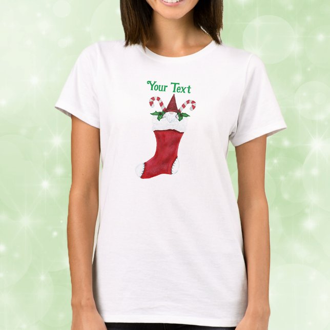 Cute Beaded Gnome Red Jul Stocking Candy T Shirt (Cute gnome with beard in red Christmas stocking with candy canes holly leaves on adult tee shirt.)