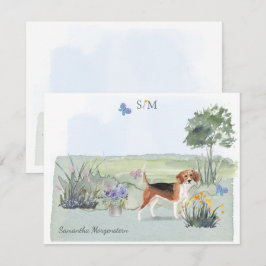 Cute Beagle Hund Butterfly Monogram och Namn Anteckningskort