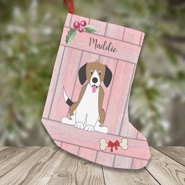 Cute Beagle Hund Girl Rosa Wooden Monogram Liten Julstrumpa (Skapare uppladdad)