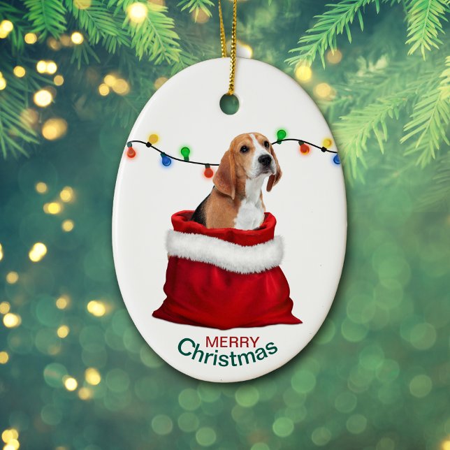 Cute Beagle-Hund i Gift Bag-julen Julgransprydnad Keramik (Skapare uppladdad)