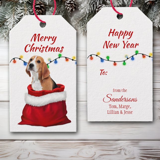 Cute Beagle-Hund i Santa Bag Gift-Märkre Presentetikett (Skapare uppladdad)