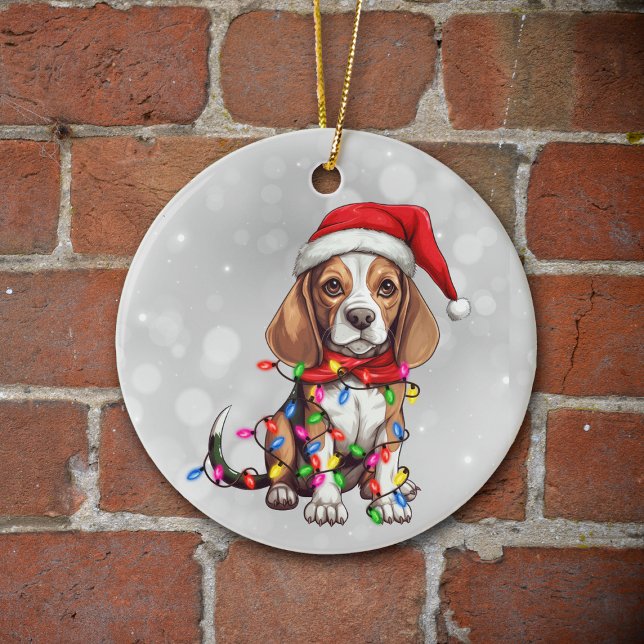 Cute Beagle Hund inkapslad i julklapp Ljus Julgransprydnad Keramik (Skapare uppladdad)