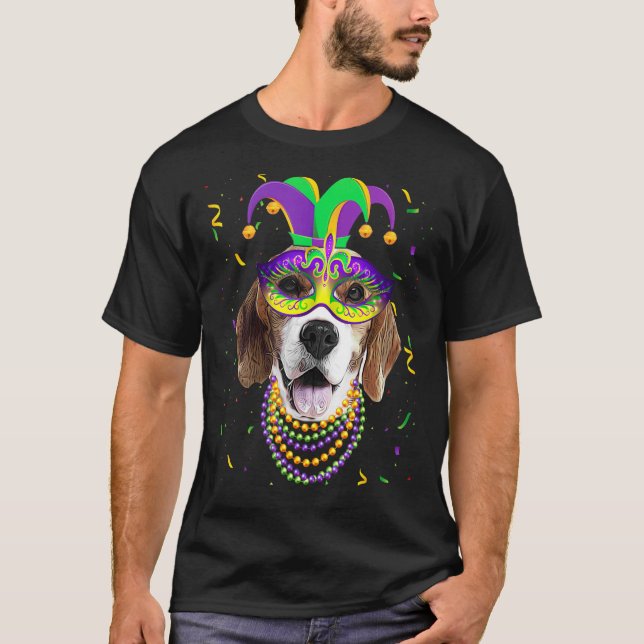 Cute Beagle Hund Mardi Gras Festival Mask Pärlor T Shirt (Framsida)