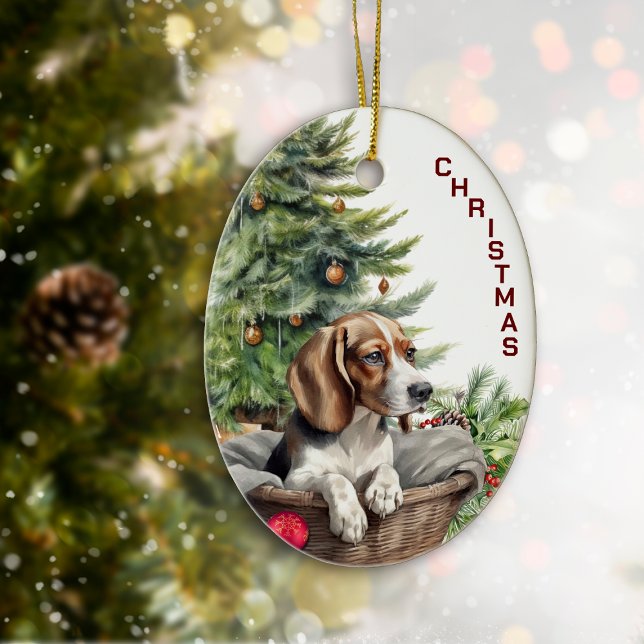 Cute Beagle Hund Wicker Basket jul Julgransprydnad Keramik (Skapare uppladdad)