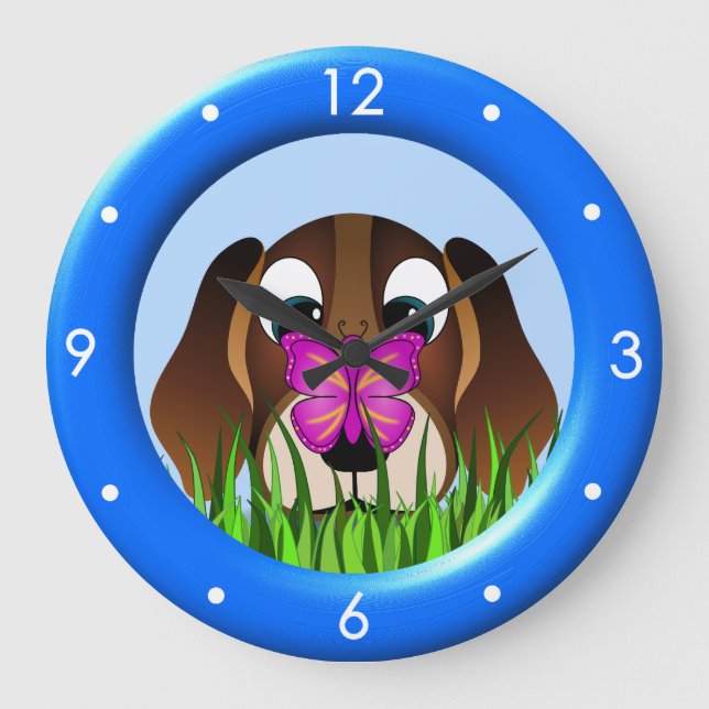 Cute Beagle Puppy Hund Butterfly Large Round Clock Stor Klocka (Framsida)
