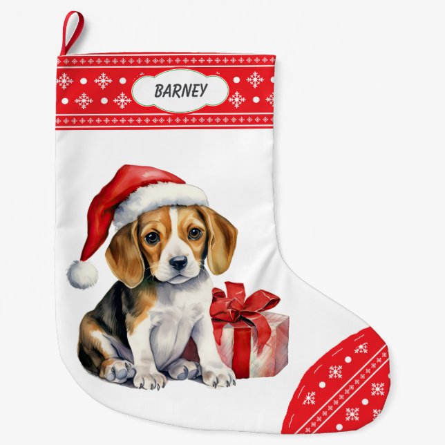 Cute Beagle Puppy Santa Hat Snowflake Gräns Stor Julstrumpa (Framsidan)