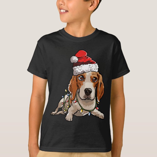 Cute Beagle Santa Julgran Ljus Julafton T Shirt (Framsida)