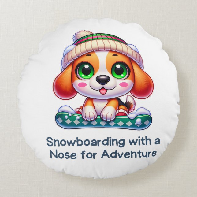Cute Beagle Snowboard Winter Sports Rund Kudde (Framsidan)