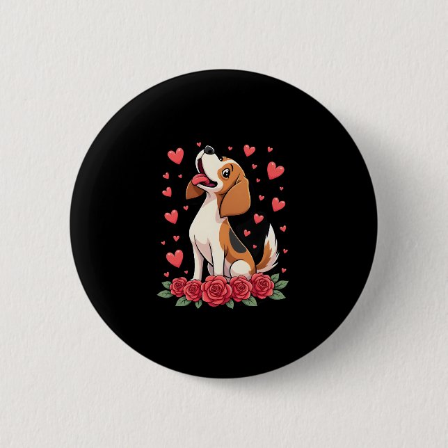 Cute Beagle with Red Roses Hearts Floral Valentine Knapp (Framsida)