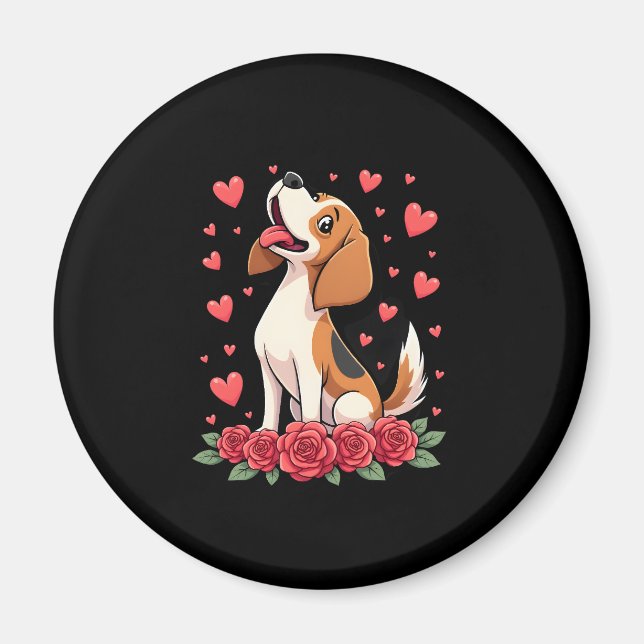 Cute Beagle with Red Roses Hearts Floral Valentine Magnet (Framsidan)