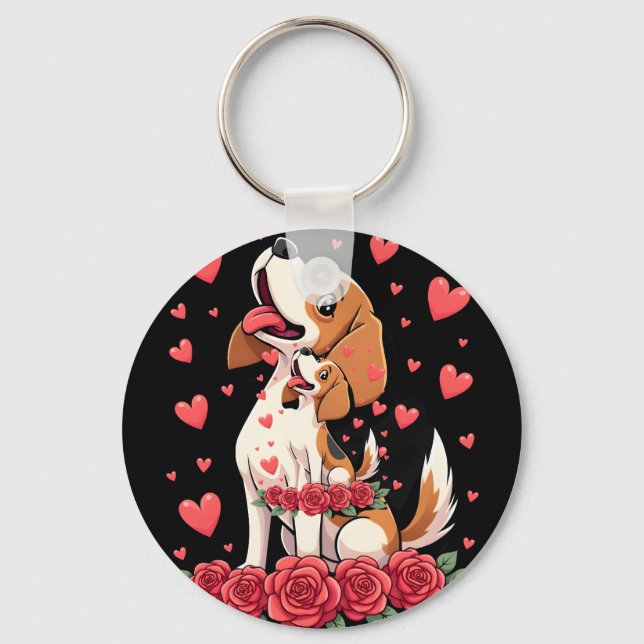 Cute Beagle with Red Roses Hearts Floral Valentine Nyckelring (Framsida)