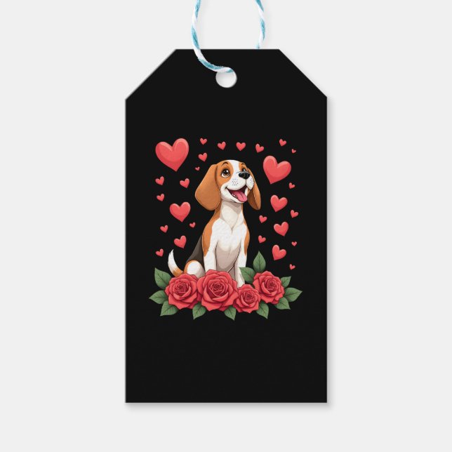 Cute Beagle with Red Roses Hearts Floral Valentine Presentetikett (Framsidan)