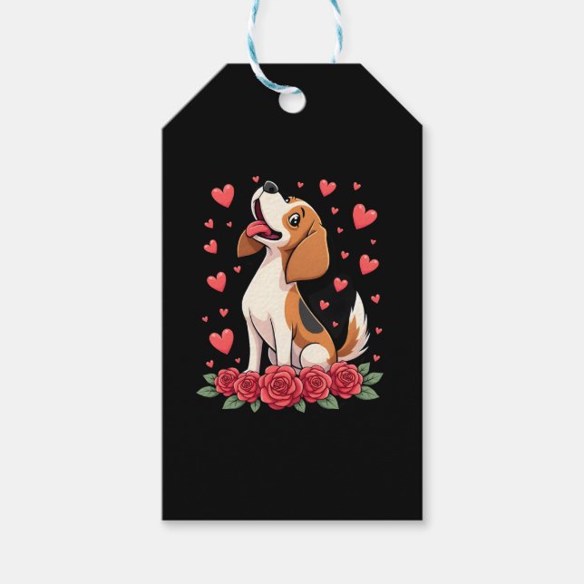 Cute Beagle with Red Roses Hearts Floral Valentine Presentetikett (Framsidan)