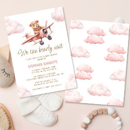 Cute Bear Airplan Rosa Girl Baby Shower Inbjudningar