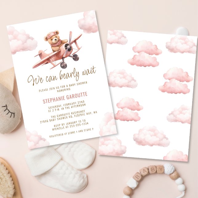 Cute Bear Airplan Rosa Girl Baby Shower Inbjudningar (Cute Bear Airplane Pink Girl Baby Shower Invitation)