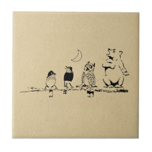 Cute Bear and Birds som sjunger till Måne Art Kakelplatta