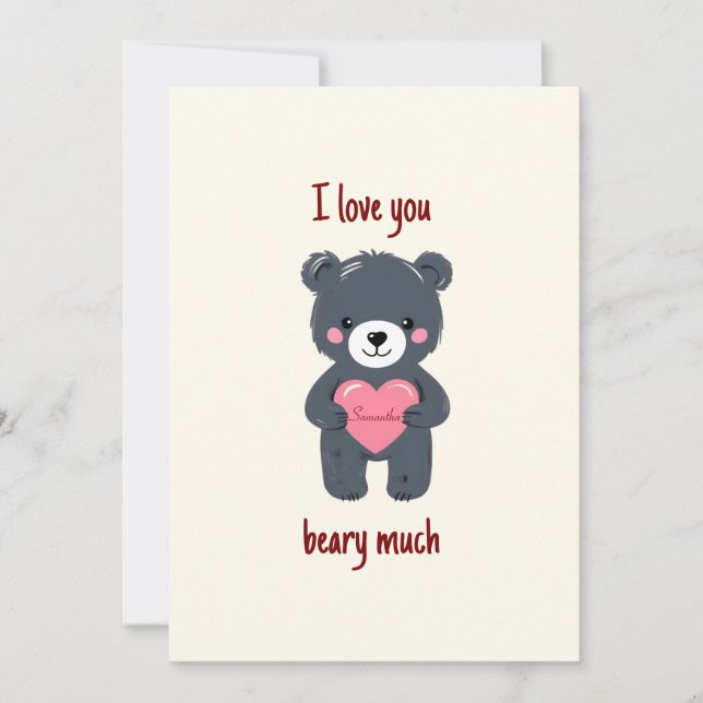Cute Bear and Heart with name Valentine´s Card  Julkort (Framsida)